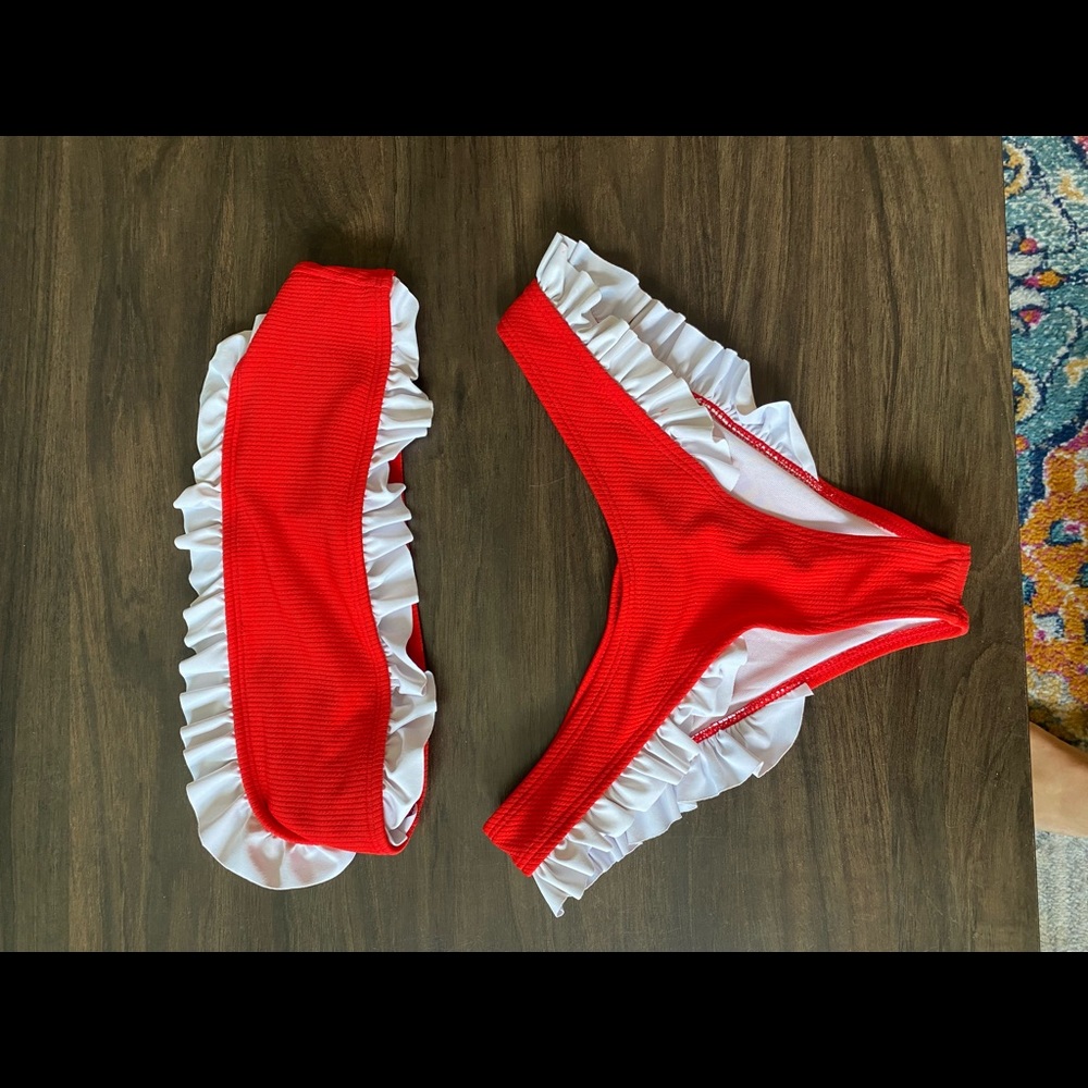 Strapless, ruffled swimsuit. Perfect for July 4th!